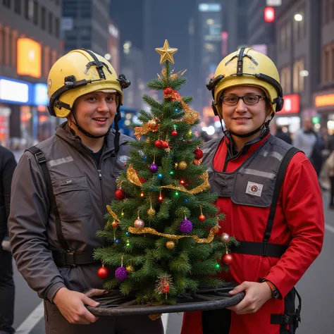 New Year's costume of power engineers in helmets and a Christmas tree in their hands