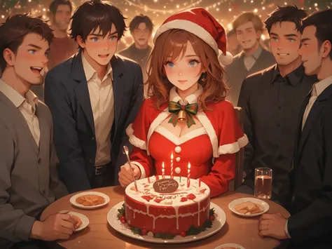 (1 girl: brown hair, blue eyes), multiple boys, christmas party, orgy