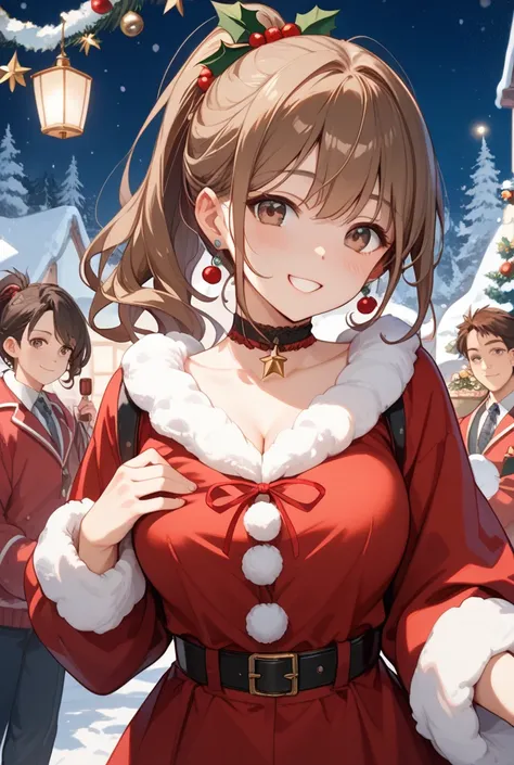1 girl、ponytail hair with long brown hair gathered together at the back、Brown Eyes、Santa Claus Costumes、cleavage is visible afte...