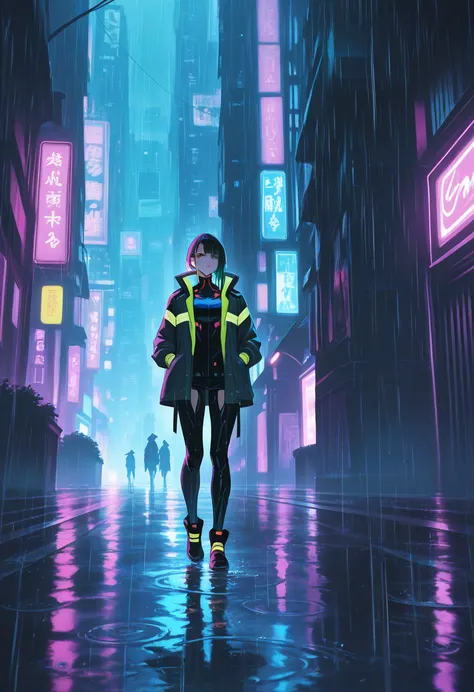 heavy rain, neon reflections, wet streets, rain droplets, cyberpunk rain, rainy night, ambient rain
