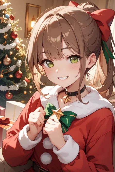 1 girl、ponytail hair with long brown hair gathered together at the back、Brown Eyes、Christmas、Santa Claus Cosplay、Blush shyly、hap...