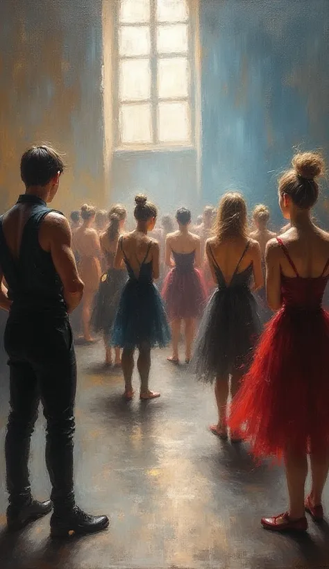 (impressionistic oil painting, textured brushstrokes, vibrant and muted color palette), A blurred motion of dancers and actors d...