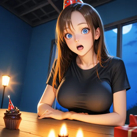 OctokuroM, ,1 girl, shocked expression, blue eyes, brown hair, straight hair, long lashes, high quality, high detail, cinematic ...