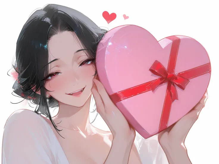 minimalist illustration, gorgeous 22-year-old woman with black hair and big smile, cradling a huge glossy heart-shaped box tied ...
