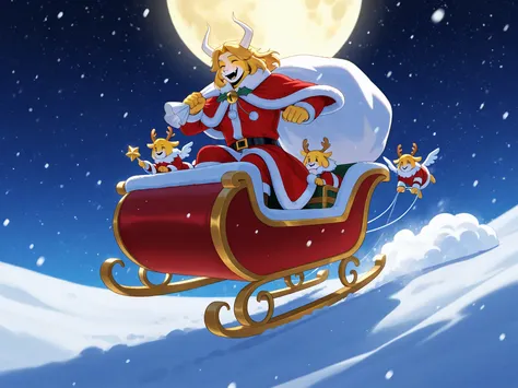 asgore (undertale), dressed as santa clause, flying through starlit sky, on santa's sleigh, snowing heavily, large full moon, sm...