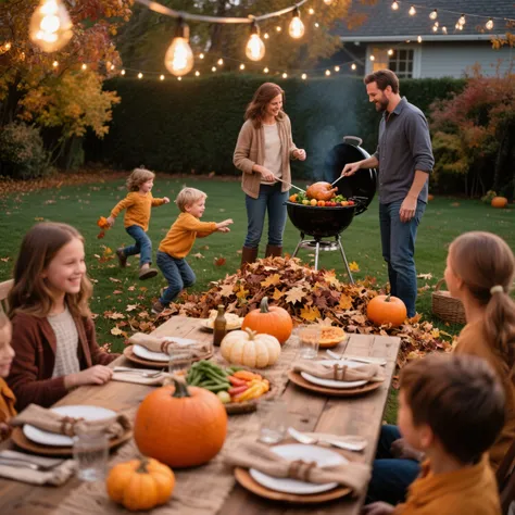 A family hosting an outdoor Thanksgiving meal in the backyard under string lights. Parents grill vegetables and turkey while kid...