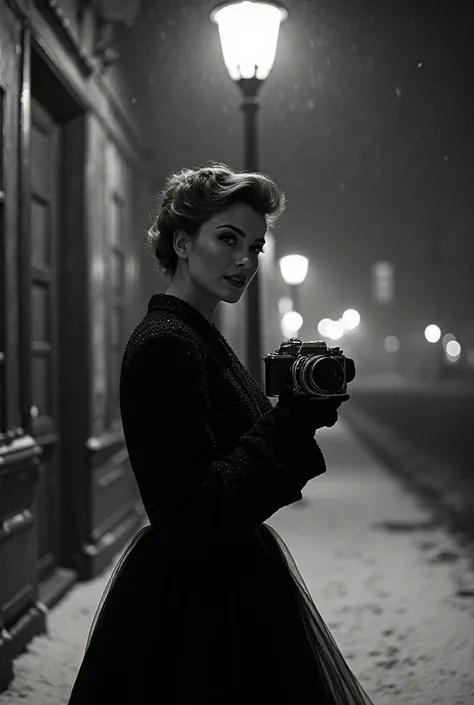 A stunning woman in a vintage black Dior New Look dress, standing under a vintage streetlamp on a snowy, retro street. She holds...
