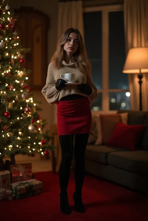 In a photography in christmas a girl wearing a beige pullover with red fabric short pencil skirt over her full enclosed bodyfit ...
