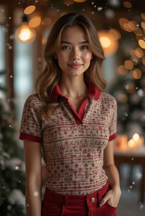 create realistic images of a Christmas polo shirt for a campaign of a women's clothing company that seeks to promote its product...