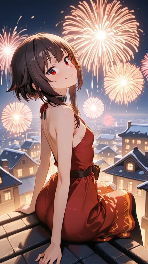 Megumin, 
smile quality , elegant, that rests on the roof of a building,    her back to the viewer   , looking up before an impr...