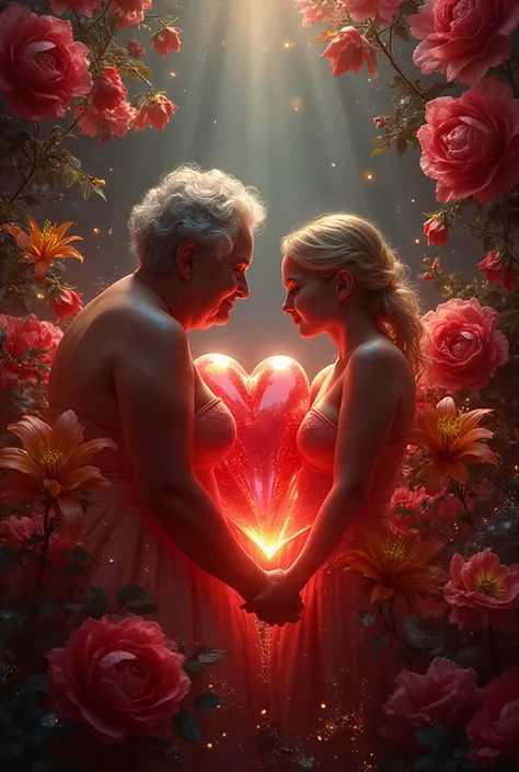 An chubby granny short, grey hair and a young blonde girl staring eachother but with their back show to the viewer. They are bot...