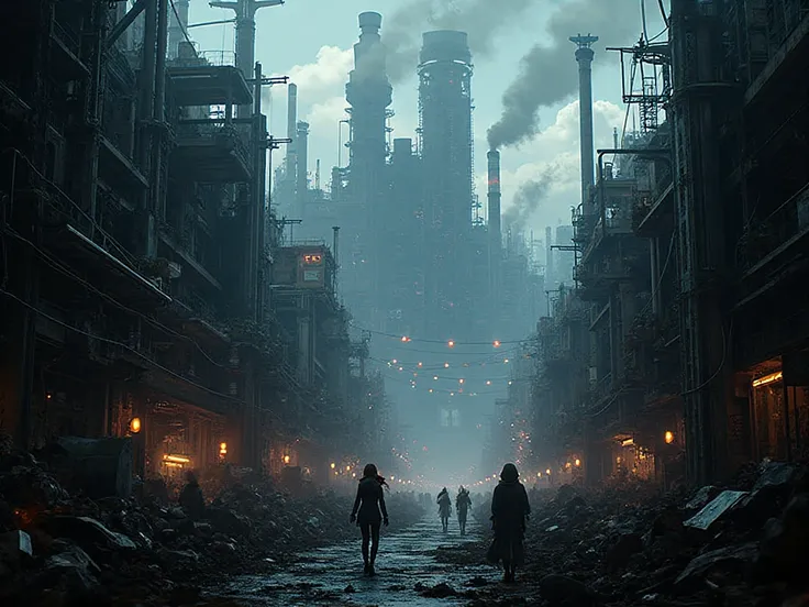 Polluted ANIMA-style city full of metals, Scrap metal, factories with a lot of smoke and pollution