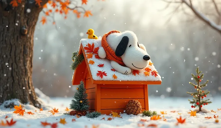 A breathtaking cinematic photograph of a heartwarming winter scene: a real-life photorealistic version of Snoopy the beagle dog ...