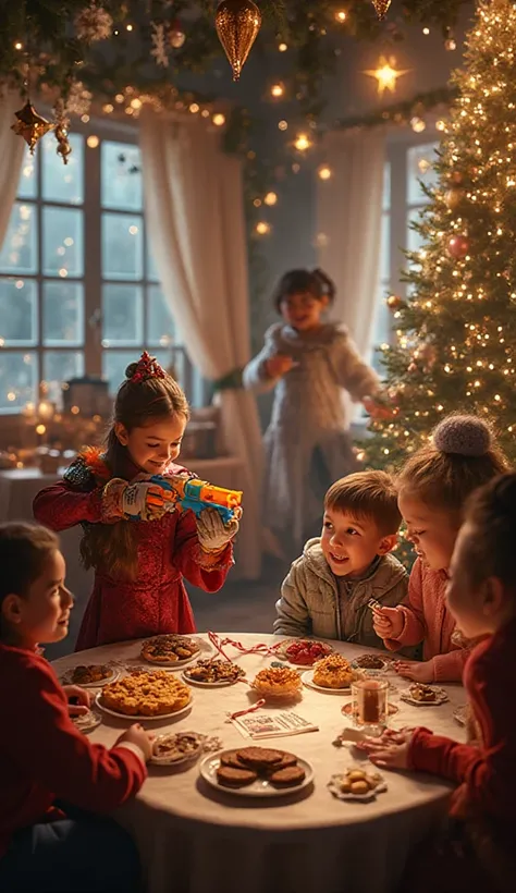 A highly realistic New Year’s celebration scene in a children’s quest venue. The atmosphere is joyful, warm, and full of holiday...