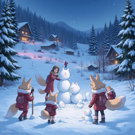 1. Topic:
A group of anime teenage girls with fox-like features building a snow fort and rolling around with snow cat figures.

...