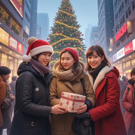 korea, christmas, christmas tree, snowing, santa, big city, shopping mall, friends, sharing gifts
