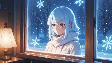 anime girl looking out the window at falling snow, warm indoor lighting, soft glow from a lamp, cozy winter room, frost on the w...