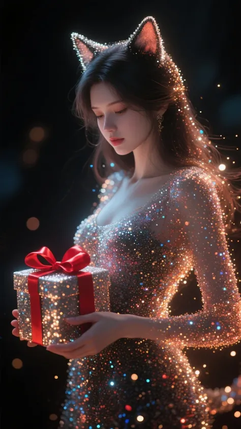 Picture drawn by scattered fine particles that emit light in the dark、It depicts a beautiful woman with cat ears holding a prese...