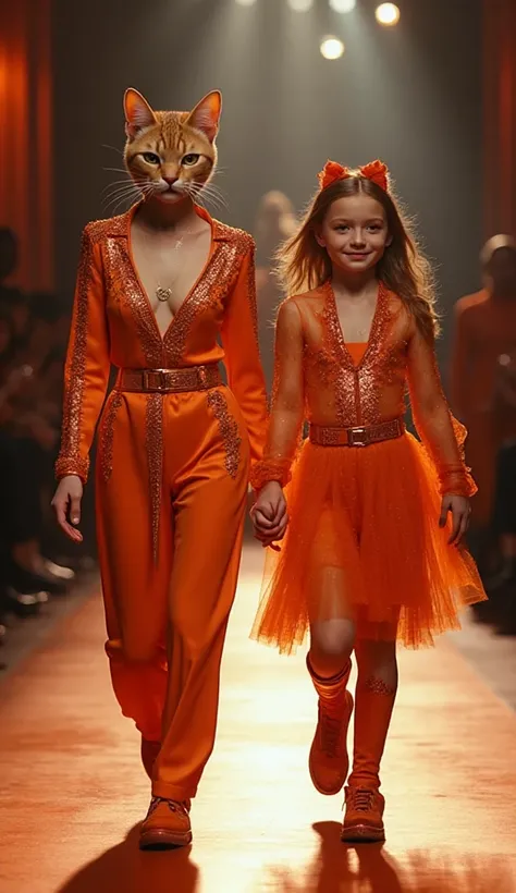 A dramatic cinematic full-body shot on the TV show stage. Two Cute cats wearing combination mother and daughter Mint  orange con...