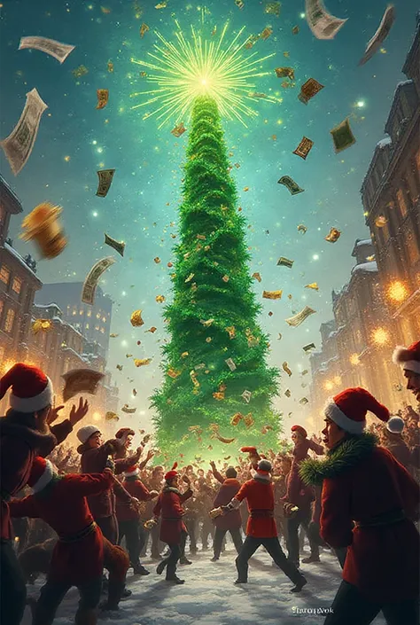 Please make me a December holiday money fight image with the Green Tower ribbon 