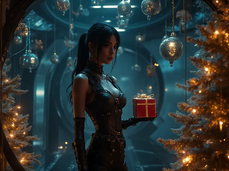 Sci-Fi, sci-fi room, Christmas decorations, cyberpunk girl with cyber implants with black hair gives a New Year gift. futuristic...