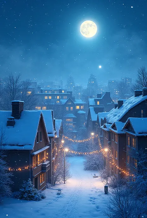 Snow-covered city rooftops with chimneys.
Christmas lights strung between buildings.
Soft snowfall and a glowing moon.
Distan...