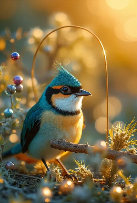 A mesmerizing close-up portrait of a beautiful little bird illuminated by the soft golden light of a quiet morning, with vibrant...