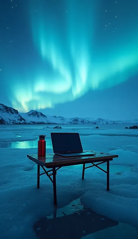 Digital nomad workspace on Icelandic glacier lagoon ice, MacBook on portable table, northern lights faintly visible, thermos fla...