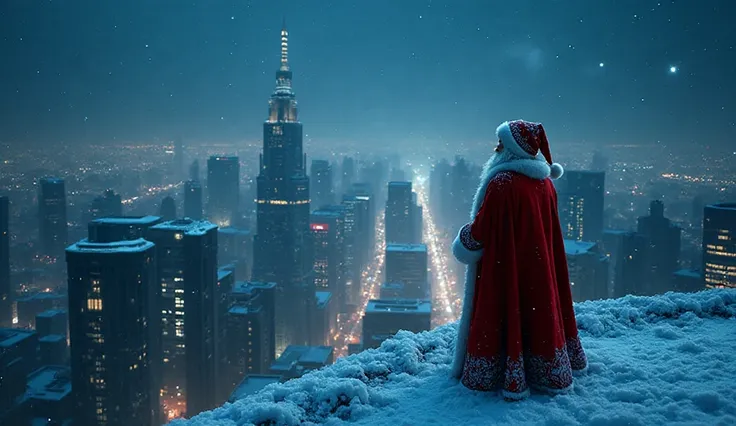 Santa Claus looks at a modern snow-covered city at night from the roof of a building, behance. a polished, fantastic photo of a ...