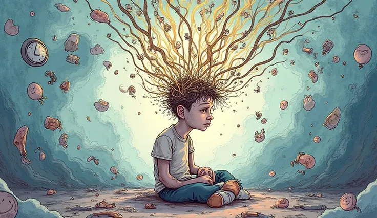 A surreal, hand-drawn illustration showing a person sitting in the center of a chaotic, dreamlike scene, symbolizing mental exha...