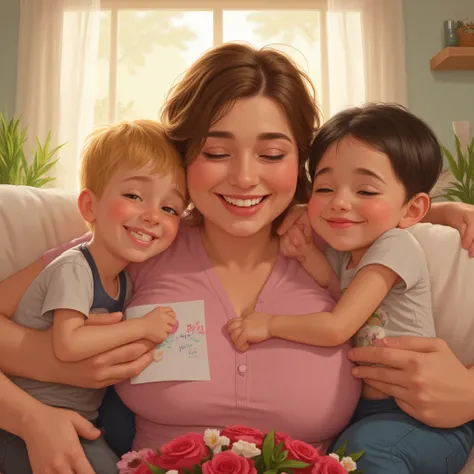 Happy Mother's Day picture featuring a plump mother with light brown hair and two blonde sons and a little one-year-old daughter...