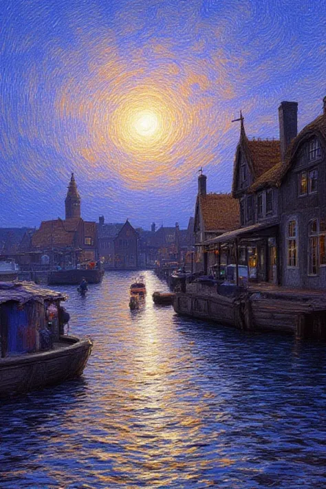 Enter the teXtured world of a relief oil Painting that transcends time, The sun shines like a warm flame on wet cobblestones、鑑賞者...