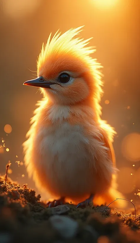 A mesmerizing close-up of a beautiful little bird, illuminated by the soft golden light of a good morning, with bright bokeh, ge...