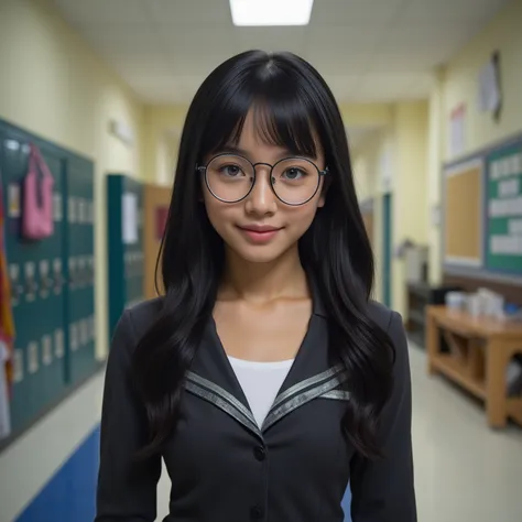 14 year old girl with size 3 breasts, dressed in a school uniform, blue eyes and black hair, ultra realism 4k, in the background...