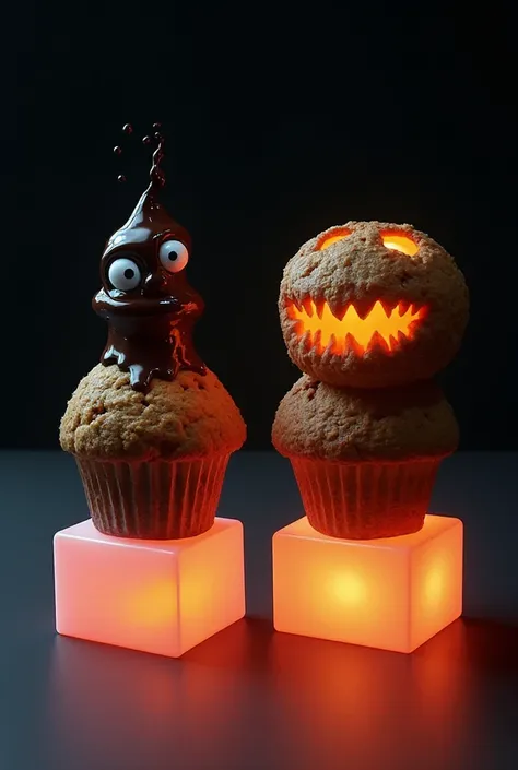 Two giant muffin creatures sit on neon blocks. The left muffin has a terrified melting chocolate top with plastic-glossy eyes po...