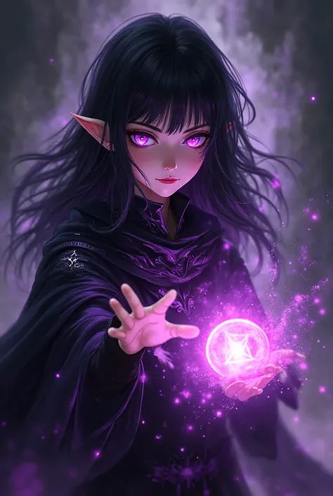 A young magician in highly detailed anime style, fusion between the original character (glowing purple eyes, black hair with pur...
