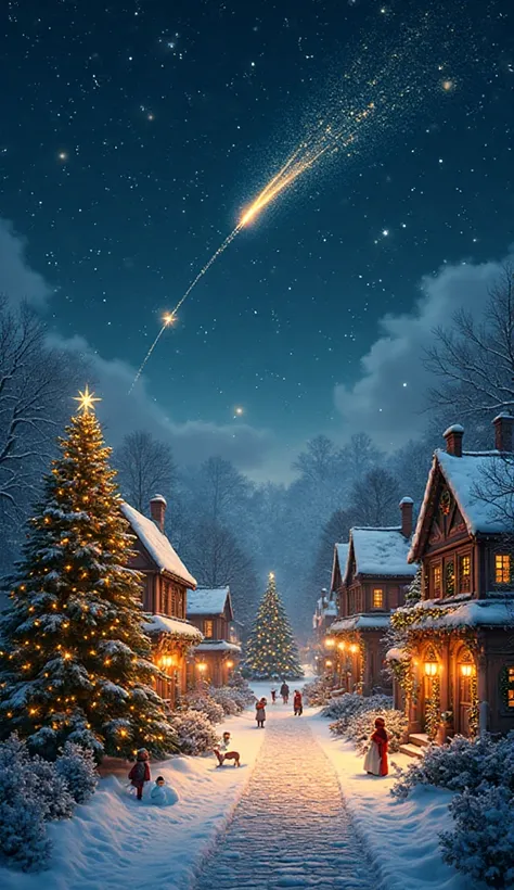 A breathtaking starry night sky above a small Christmas village, with a bright shooting star crossing the sky in a trail of gold...