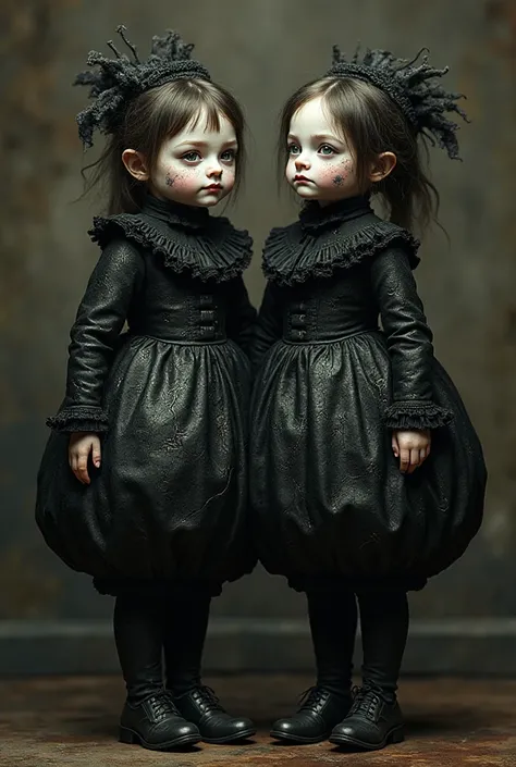 Design Tweedledum as a matching but darker twin: same Victorian round outfit but with more chaotic asymmetry, cracked patterns, ...