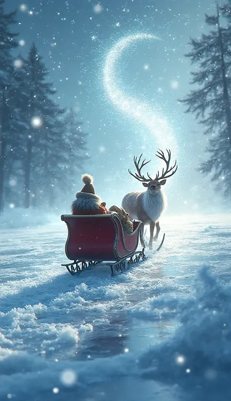 A reindeer-drawn sleigh gliding across a glimmering frozen lake, sparkling reflections of light dancing on the ice. Snowflakes s...