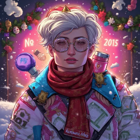 Evelone, famous CS2 streamer, in New Year's glam style. He's in fashionable clothes, surrounded by money, CS2 skins and memes. F...