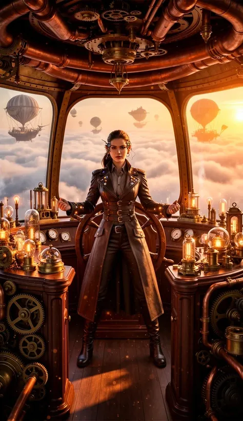 A steampunk airship captain stands at the helm of her majestic vessel soaring through cloudy skies, intricate brass gears and po...