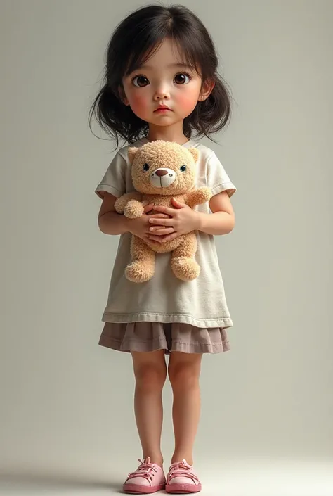 Create a realistic real photo of a 7-year-old girl standing standing and straight, looks strictly at the camera, she can be seen...