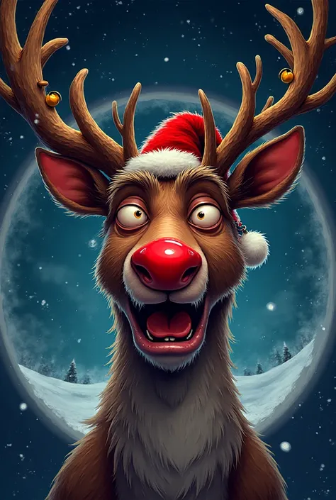 Close-up of a reindeer, avatar style, with an exaggerated and comical expression, perhaps with a mischievous look or surprise. T...