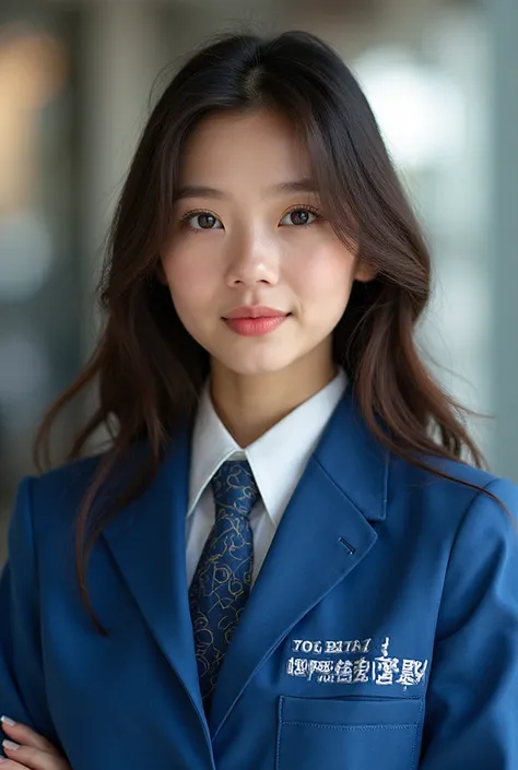 A student in school wears a blue school uniform with Talent Language School on it. The student has good features, her hair is da...