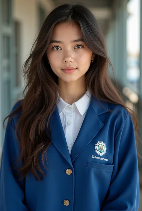 A student in school wears a blue school uniform with Talent Language School on it. The student has good features, her hair is da...