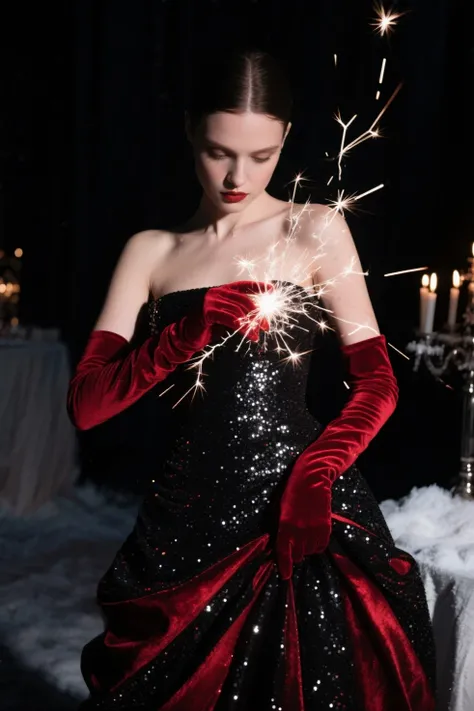 dark reddish velvet opera gloves create static sparks when touched, dress, winter ball