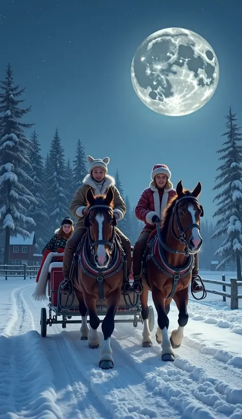 Christmas night , horse harness, caroling, Winter landscape, snow ,snowy trees,starry sky,full moon,bright огни,soft lighting,...