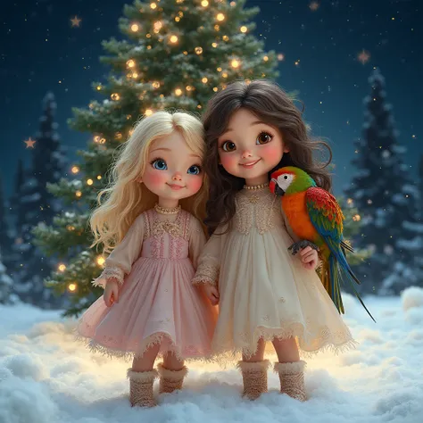 Two little sisters, shown full-body, both standing together in the snow. One is blonde with bright blue eyes, her long hair gent...