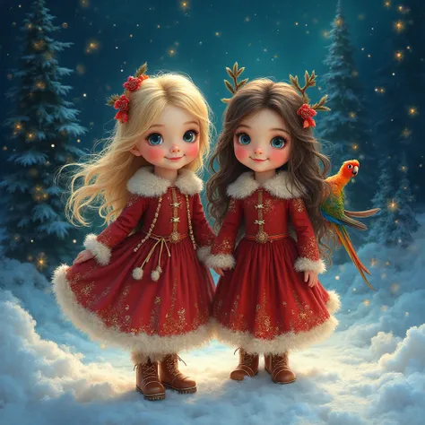 Two little sisters, visibles en pied, They are wearing pretty Christmas dresses. one is a blonde, with warm brown eyes and soft ...