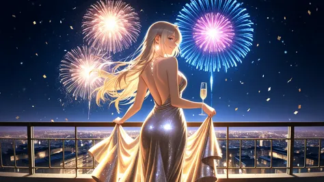 Highly detailed anime artwork of a girl standing on a rooftop balcony during a New Year’s countdown party. Scene viewed from a l...